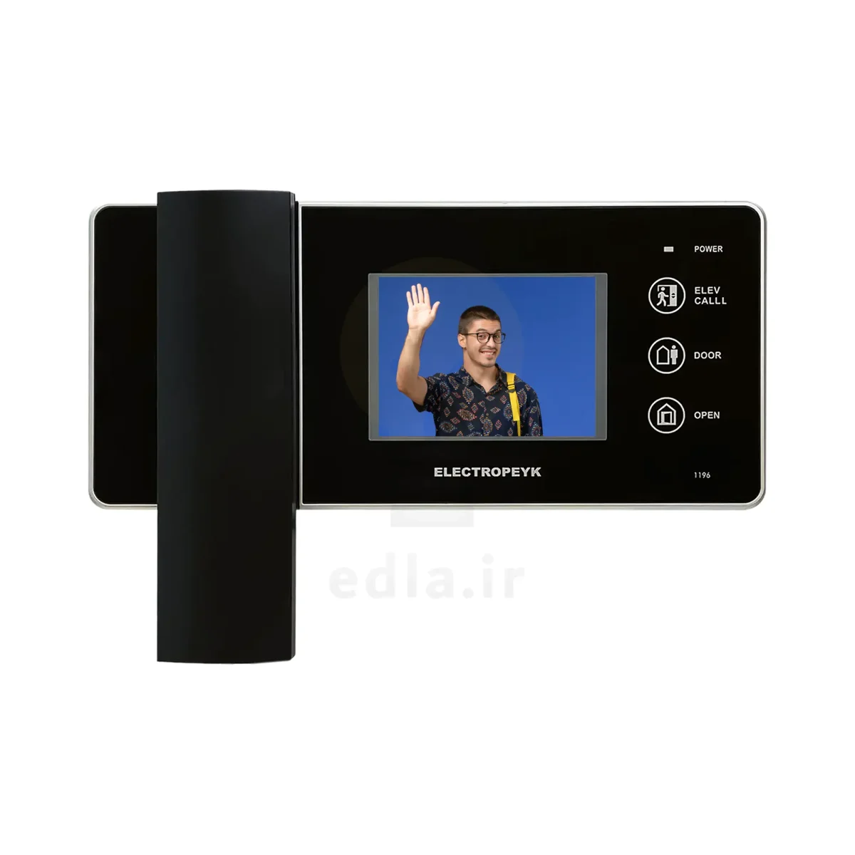 مانیتور 1196 که دارای یک صفحه نمایش 3.5 اینچی و سه کلید لمسی برای بازکردن درب و ارتباط با نگهبانی است