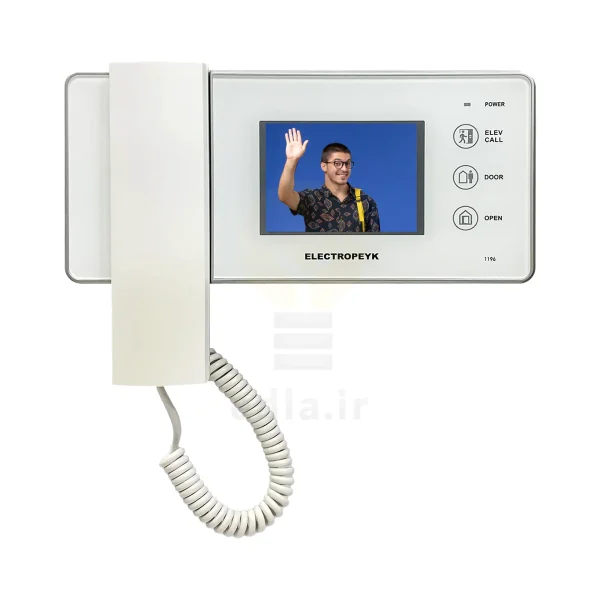 مانیتور 1196 که دارای یک صفحه نمایش 3.5 اینچی و سه کلید لمسی برای بازکردن درب و ارتباط با نگهبانی است